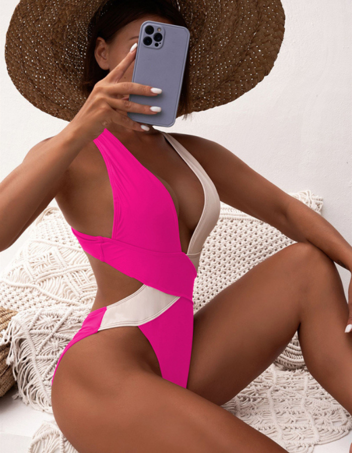 SHOPIQAT Bi-Color Plunge One-Piece Swimming Suit