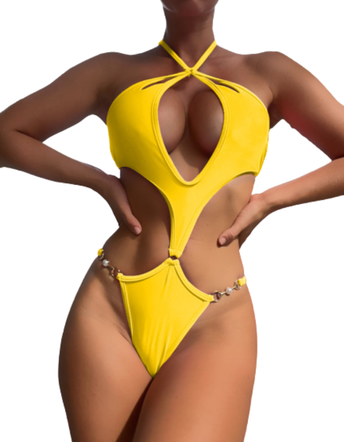 SHOPIQAT Cut-Out Pearl Chain Halter Bikini