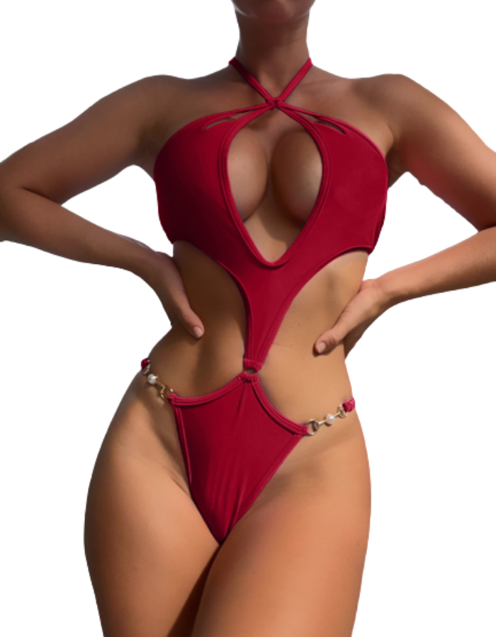 SHOPIQAT Cut-Out Pearl Chain Halter Bikini