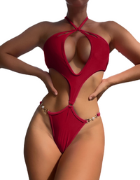 SHOPIQAT Cut-Out Pearl Chain Halter Bikini