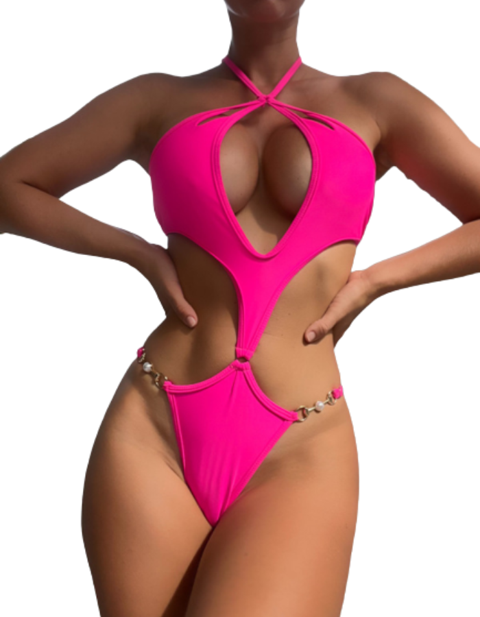 SHOPIQAT Cut-Out Pearl Chain Halter Bikini