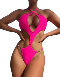 SHOPIQAT Cut-Out Pearl Chain Halter Bikini