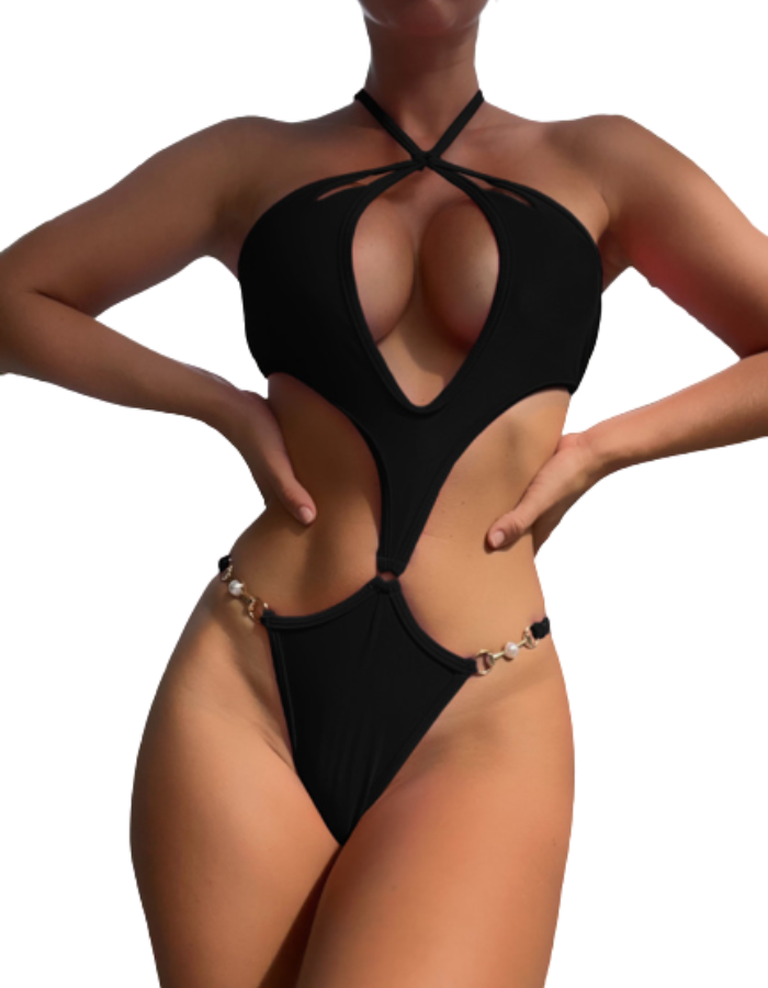 SHOPIQAT Cut-Out Pearl Chain Halter Bikini
