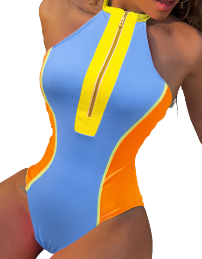 SHOPIQAT Color-Blocked Zip-Front One-Piece Swimsuit