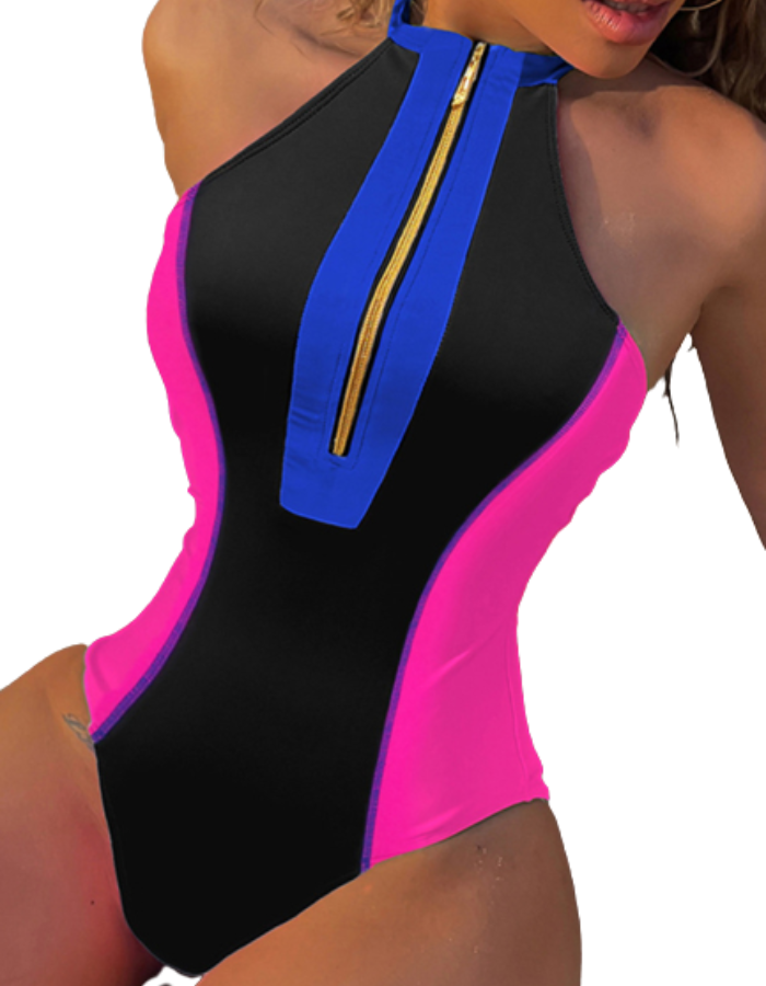 SHOPIQAT Color-Blocked Zip-Front One-Piece Swimsuit