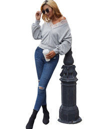 SHOPIQAT Lace Long-Sleeved V-Neck Stitching Top Loose Sweater - Premium  from shopiqat - Just $7.200! Shop now at shopiqat