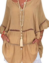 SHOPIQAT 3/4 Sleeve Cotton Linen V-Neck Top Dress - Premium  from shopiqat - Just $6.750! Shop now at shopiqat