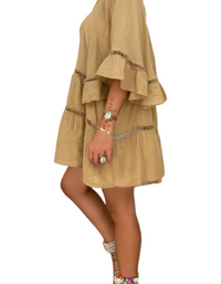 SHOPIQAT 3/4 Sleeve Cotton Linen V-Neck Top Dress - Premium  from shopiqat - Just $6.750! Shop now at shopiqat
