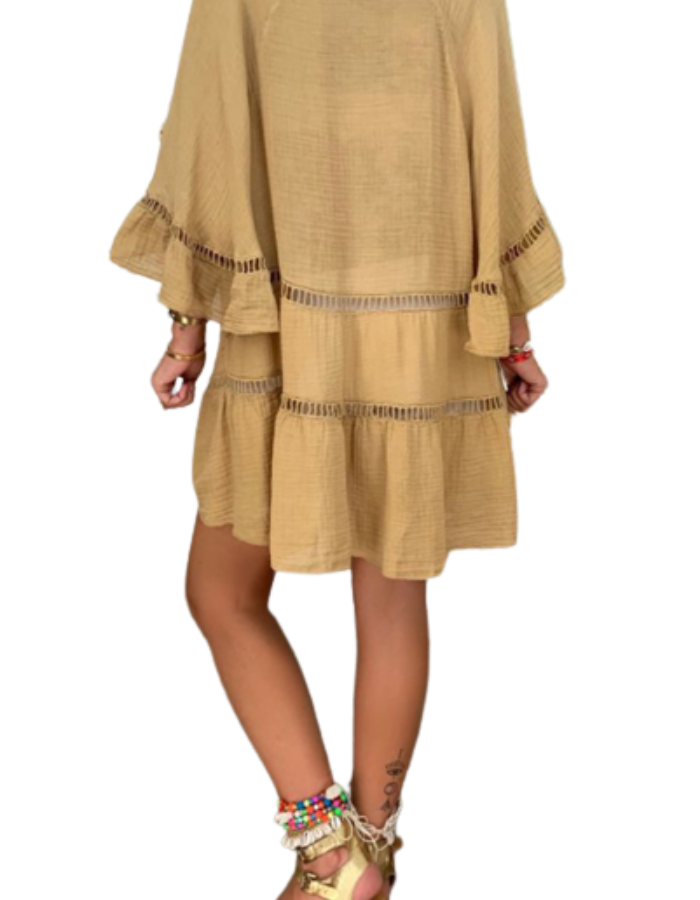 SHOPIQAT 3/4 Sleeve Cotton Linen V-Neck Top Dress - Premium  from shopiqat - Just $6.750! Shop now at shopiqat