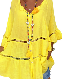 SHOPIQAT 3/4 Sleeve Cotton Linen V-Neck Top Dress - Premium  from shopiqat - Just $6.750! Shop now at shopiqat