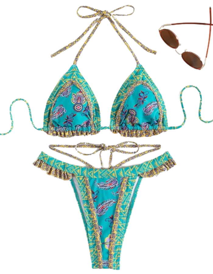 SHOPIQAT Ethnic Print Halter Neck Tie Bikini Set