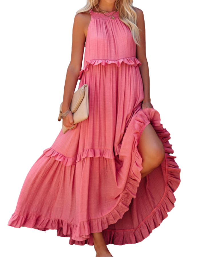 SHOPIQAT Halter Neck Ruffle Tiered Maxi Dress - Premium  from shopiqat - Just $9.250! Shop now at shopiqat