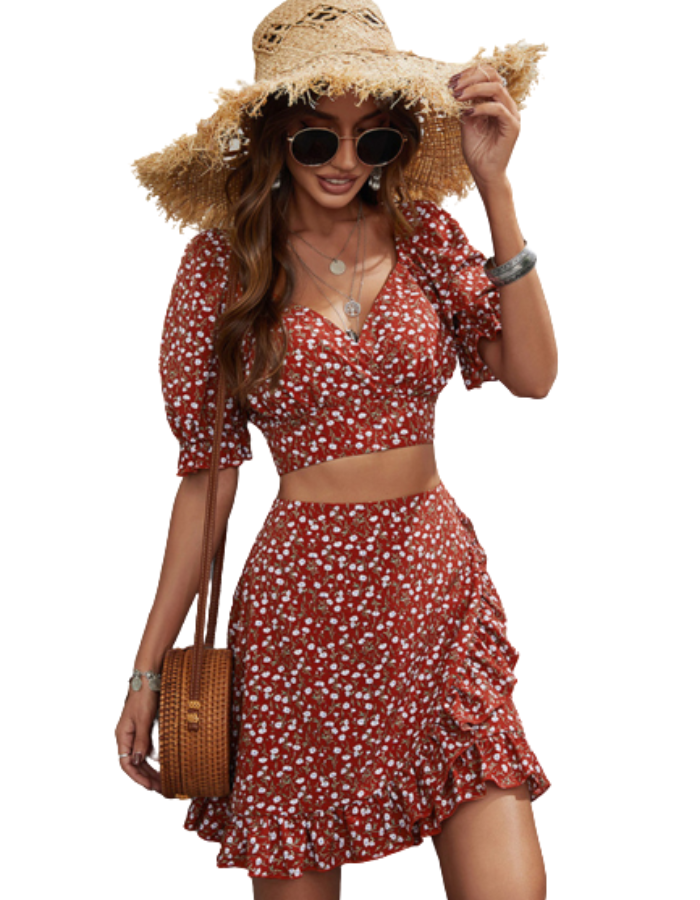 SHOPIQAT Floral V-Neck Waist Top & skirt 2-Pieces Set