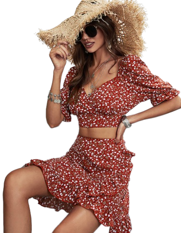 SHOPIQAT Floral V-Neck Waist Top & skirt 2-Pieces Set