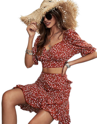 SHOPIQAT Floral V-Neck Waist Top & skirt 2-Pieces Set