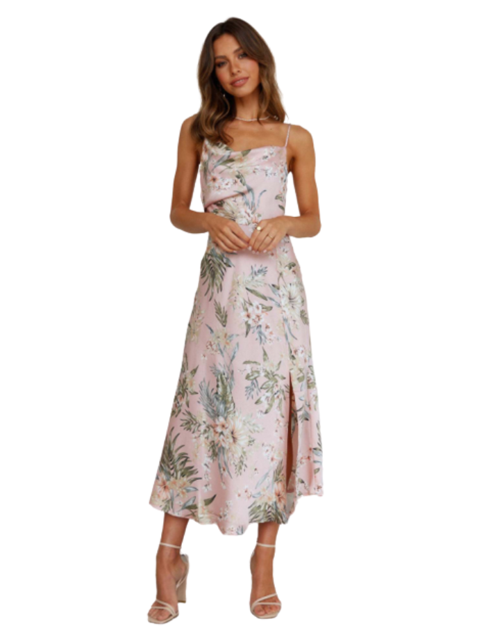 SHOPIQAT Satin Sling Floral Midi Dress - Premium  from shopiqat - Just $7.990! Shop now at shopiqat