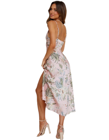 SHOPIQAT Satin Sling Floral Midi Dress - Premium  from shopiqat - Just $7.990! Shop now at shopiqat