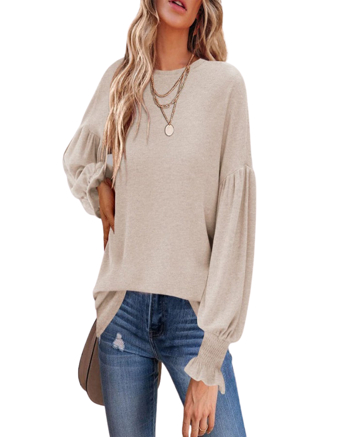 SHOPIQAT Round Neck Pleated Balloon Sleeve Long Sleeve Top - Premium  from shopiqat - Just $10.250! Shop now at shopiqat