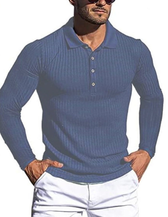 SHOPIQAT New Men's High Elastic Vertical Strip Long Sleeve Slim Knit Bottom Polo Shirt - Premium  from shopiqat - Just $7.900! Shop now at shopiqat