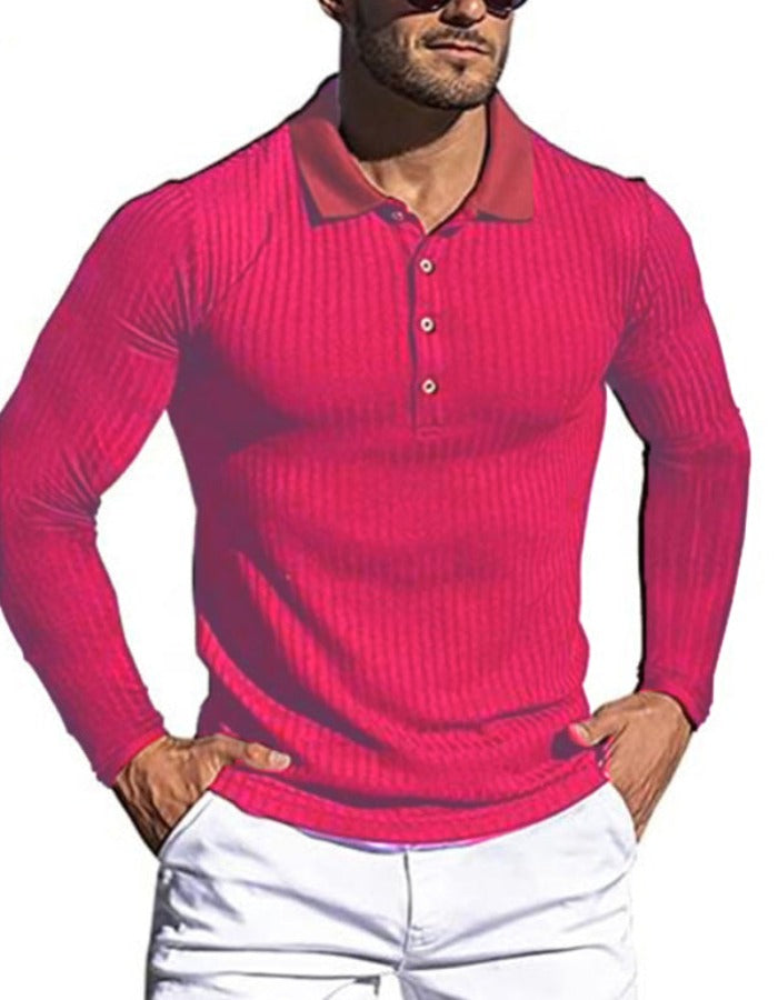 SHOPIQAT New Men's High Elastic Vertical Strip Long Sleeve Slim Knit Bottom Polo Shirt - Premium  from shopiqat - Just $7.900! Shop now at shopiqat