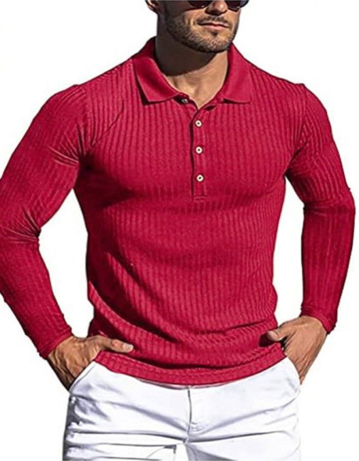 SHOPIQAT New Men's High Elastic Vertical Strip Long Sleeve Slim Knit Bottom Polo Shirt - Premium  from shopiqat - Just $7.900! Shop now at shopiqat