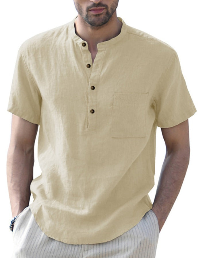 SHOPIQAT Men's Woven Casual Stand Collar Linen Short Sleeve Shirt - Premium  from shopiqat - Just $6.900! Shop now at shopiqat