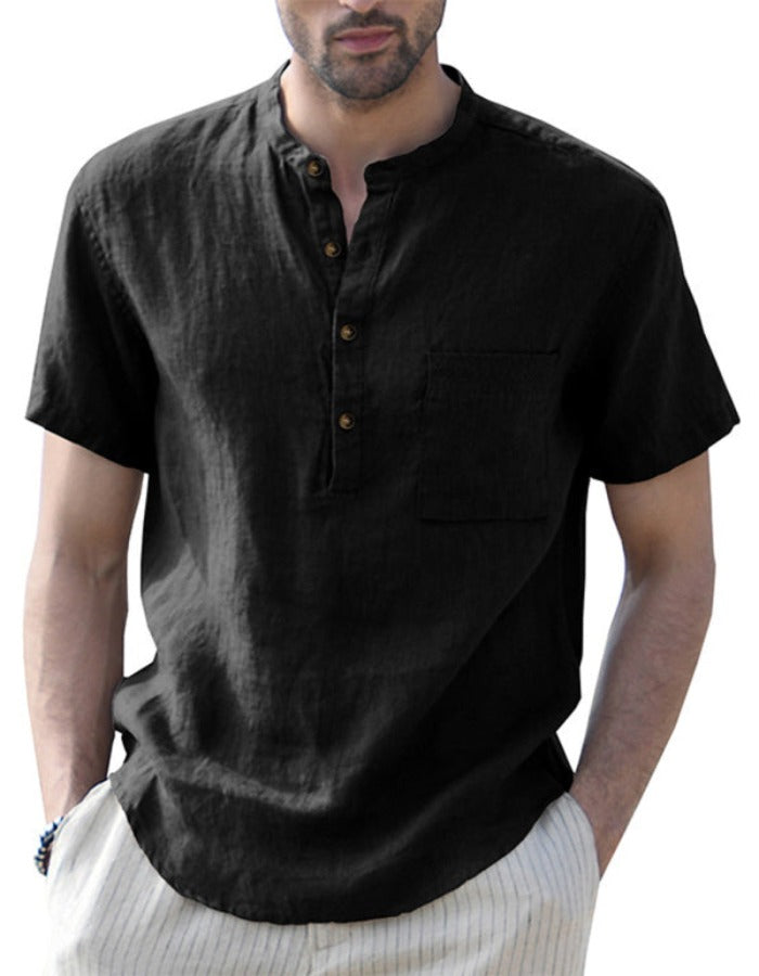 SHOPIQAT Men's Woven Casual Stand Collar Linen Short Sleeve Shirt - Premium  from shopiqat - Just $6.900! Shop now at shopiqat