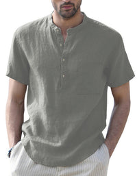 SHOPIQAT Men's Woven Casual Stand Collar Linen Short Sleeve Shirt - Premium  from shopiqat - Just $6.900! Shop now at shopiqat