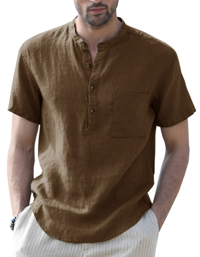 SHOPIQAT Men's Woven Casual Stand Collar Linen Short Sleeve Shirt - Premium  from shopiqat - Just $6.900! Shop now at shopiqat