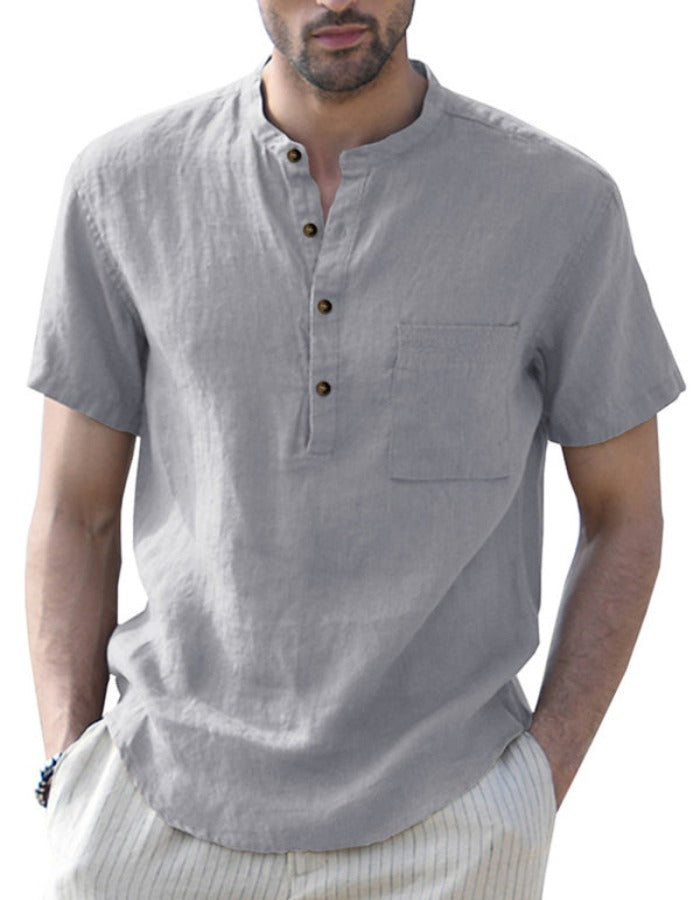 SHOPIQAT Men's Woven Casual Stand Collar Linen Short Sleeve Shirt - Premium  from shopiqat - Just $6.900! Shop now at shopiqat