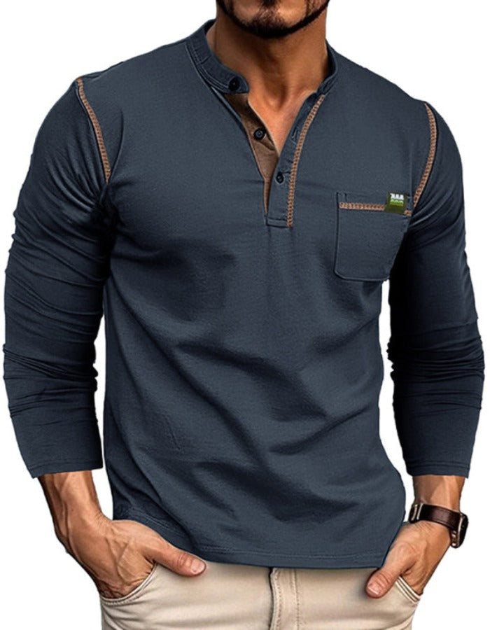SHOPIQAT New Men's Henley Colour Block Knitted Long Sleeve T-Shirt - Premium  from shopiqat - Just $8.900! Shop now at shopiqat