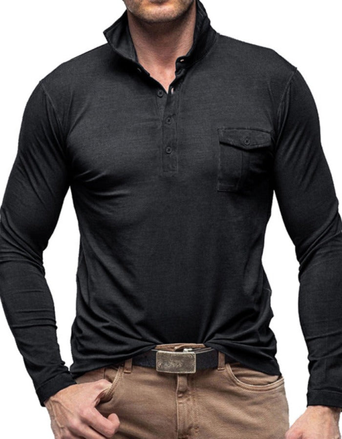 SHOPIQAT Men's Lapel Solid Colour Long Sleeve Polo Shirt - Premium  from shopiqat - Just $9.900! Shop now at shopiqat