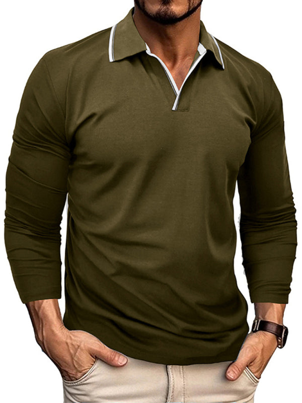 SHOPIQAT Men's New Long-Sleeved V-Neck Lapel Contrasting Colour Polo Shirt - Premium  from shopiqat - Just $8.990! Shop now at shopiqat