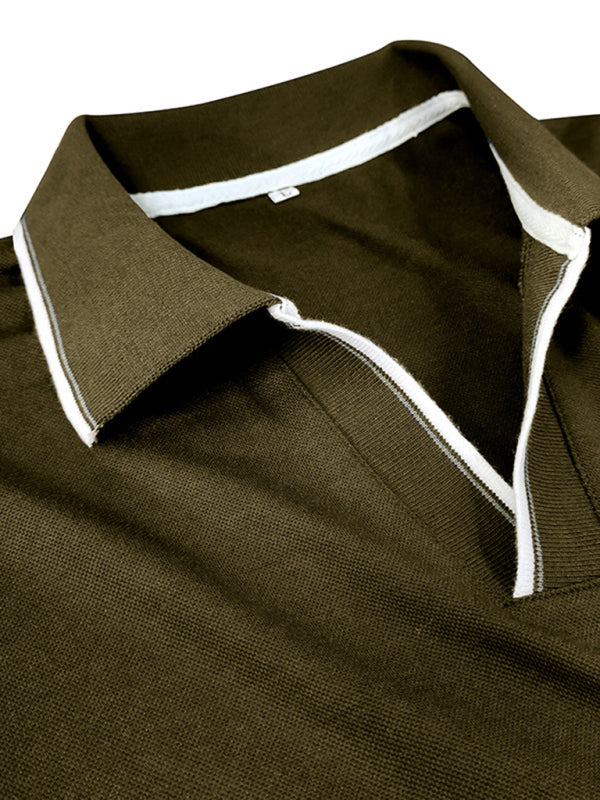 SHOPIQAT Men's New Long-Sleeved V-Neck Lapel Contrasting Colour Polo Shirt - Premium  from shopiqat - Just $8.990! Shop now at shopiqat