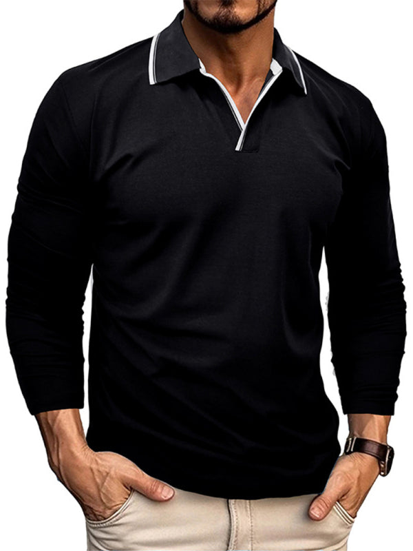 SHOPIQAT Men's New Long-Sleeved V-Neck Lapel Contrasting Colour Polo Shirt - Premium  from shopiqat - Just $8.990! Shop now at shopiqat