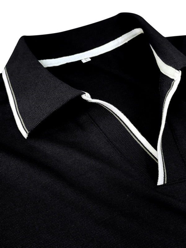 SHOPIQAT Men's New Long-Sleeved V-Neck Lapel Contrasting Colour Polo Shirt - Premium  from shopiqat - Just $8.990! Shop now at shopiqat