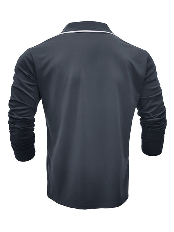 SHOPIQAT Men's New Long-Sleeved V-Neck Lapel Contrasting Colour Polo Shirt - Premium  from shopiqat - Just $8.990! Shop now at shopiqat