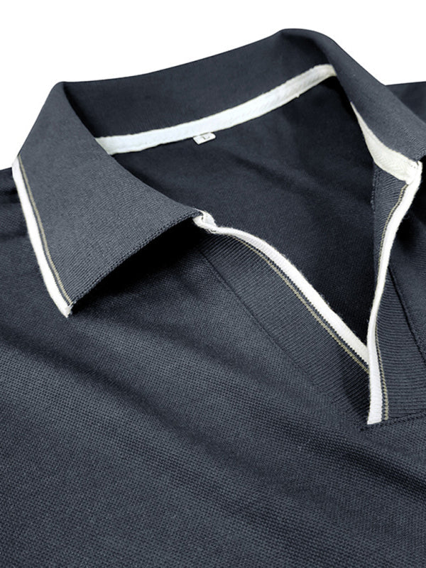 SHOPIQAT Men's New Long-Sleeved V-Neck Lapel Contrasting Colour Polo Shirt - Premium  from shopiqat - Just $8.990! Shop now at shopiqat