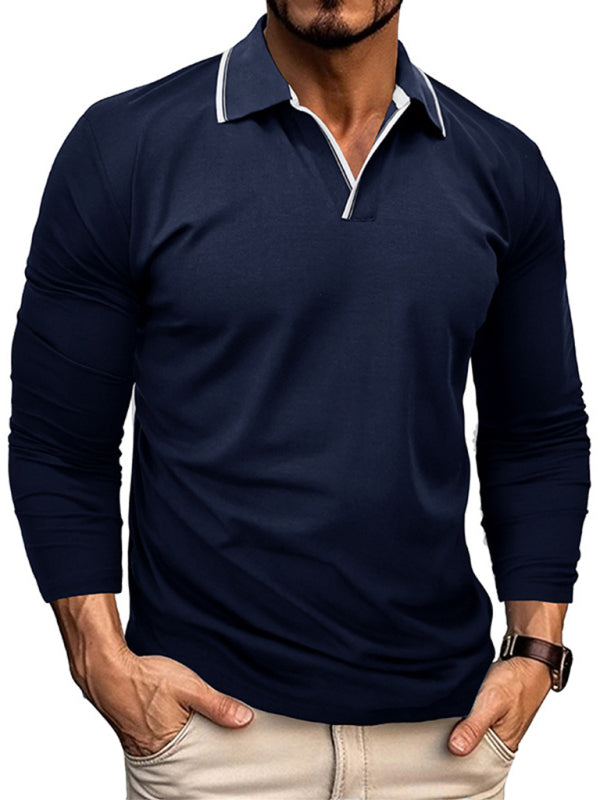 SHOPIQAT Men's New Long-Sleeved V-Neck Lapel Contrasting Colour Polo Shirt - Premium  from shopiqat - Just $8.990! Shop now at shopiqat