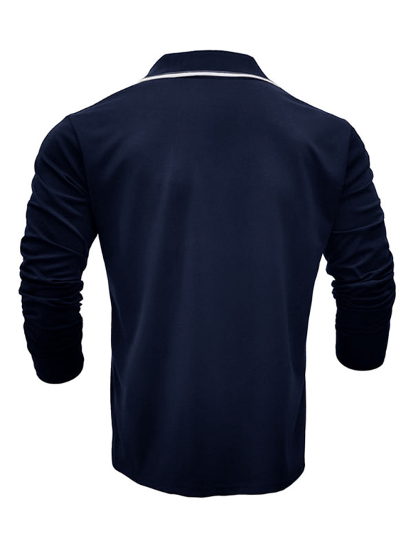 SHOPIQAT Men's New Long-Sleeved V-Neck Lapel Contrasting Colour Polo Shirt - Premium  from shopiqat - Just $8.990! Shop now at shopiqat