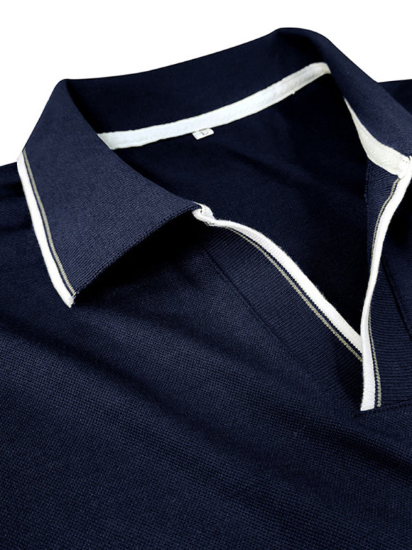 SHOPIQAT Men's New Long-Sleeved V-Neck Lapel Contrasting Colour Polo Shirt - Premium  from shopiqat - Just $8.990! Shop now at shopiqat