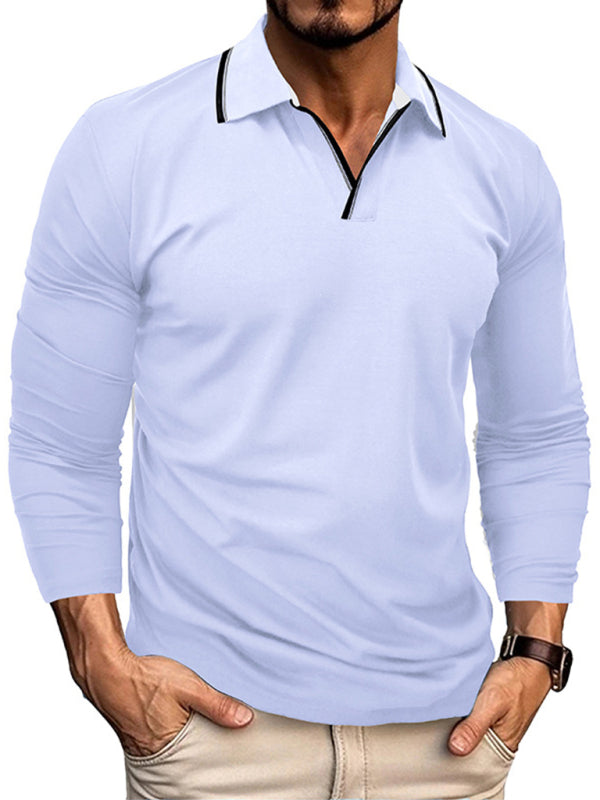 SHOPIQAT Men's New Long-Sleeved V-Neck Lapel Contrasting Colour Polo Shirt - Premium  from shopiqat - Just $8.990! Shop now at shopiqat