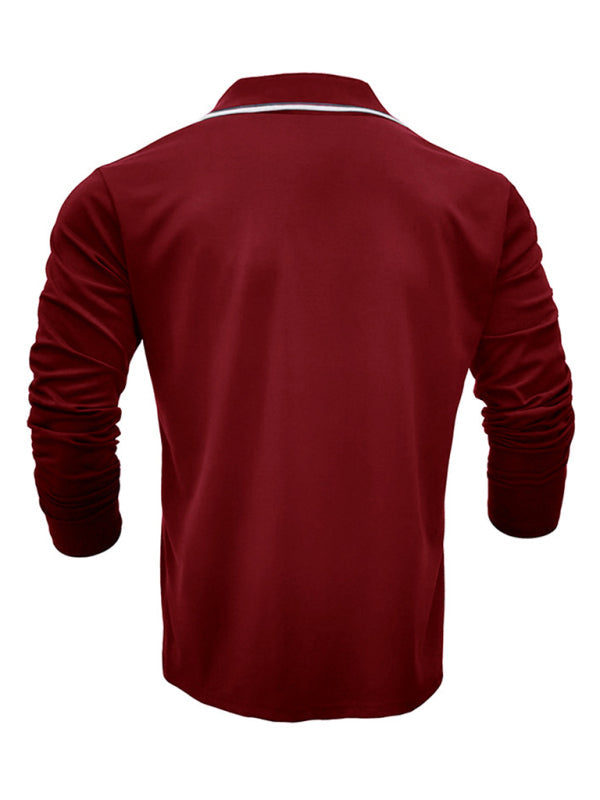 SHOPIQAT Men's New Long-Sleeved V-Neck Lapel Contrasting Colour Polo Shirt - Premium  from shopiqat - Just $8.990! Shop now at shopiqat
