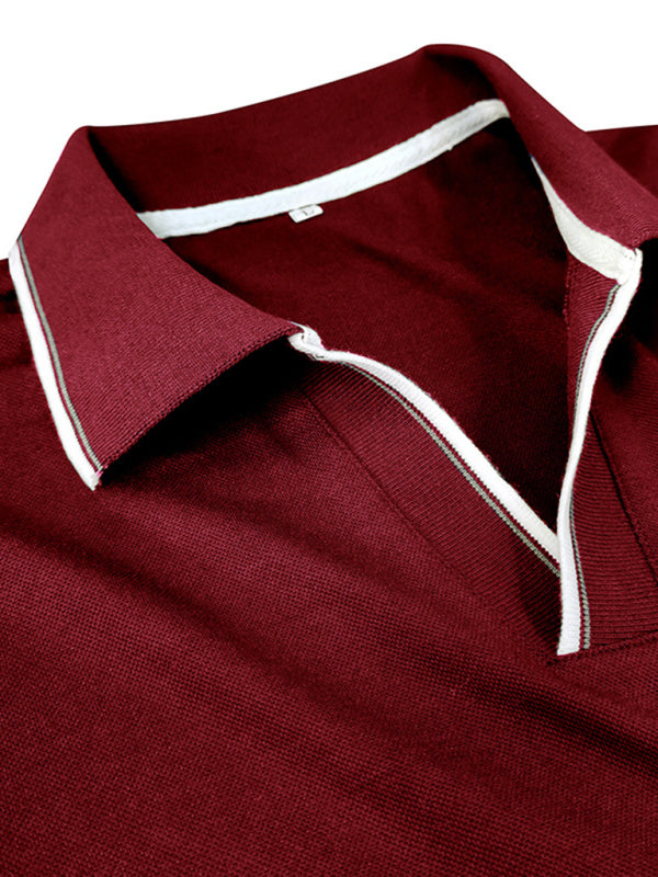 SHOPIQAT Men's New Long-Sleeved V-Neck Lapel Contrasting Colour Polo Shirt - Premium  from shopiqat - Just $8.990! Shop now at shopiqat