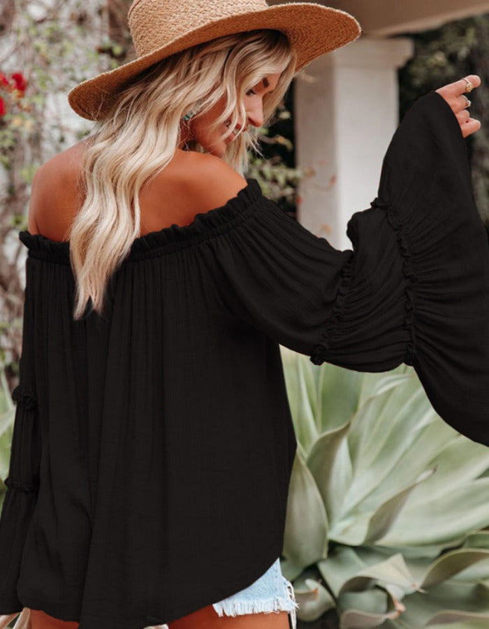 SHOPIQAT Women's Slub Cotton Women's Flared Sleeve One-Line Neck Top - Premium  from shopiqat - Just $4.900! Shop now at shopiqat