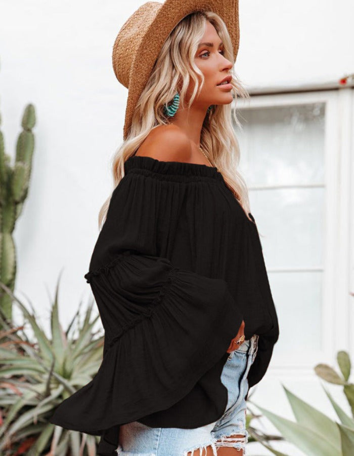 SHOPIQAT Women's Slub Cotton Women's Flared Sleeve One-Line Neck Top - Premium  from shopiqat - Just $6.900! Shop now at shopiqat