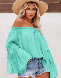 SHOPIQAT Women's Slub Cotton Women's Flared Sleeve One-Line Neck Top - Premium  from shopiqat - Just $6.900! Shop now at shopiqat