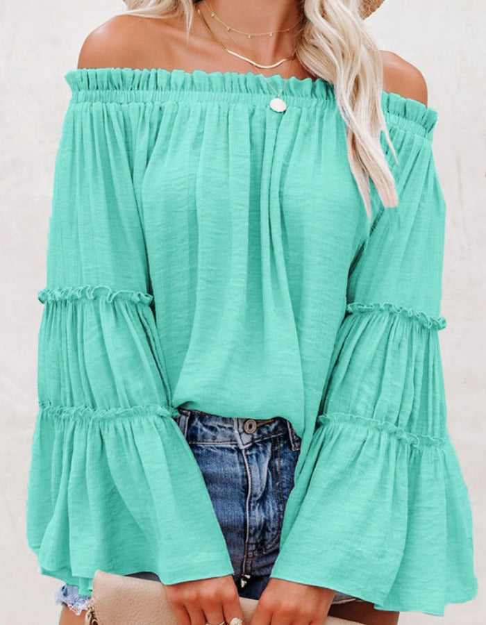 SHOPIQAT Women's Slub Cotton Women's Flared Sleeve One-Line Neck Top - Premium  from shopiqat - Just $6.900! Shop now at shopiqat
