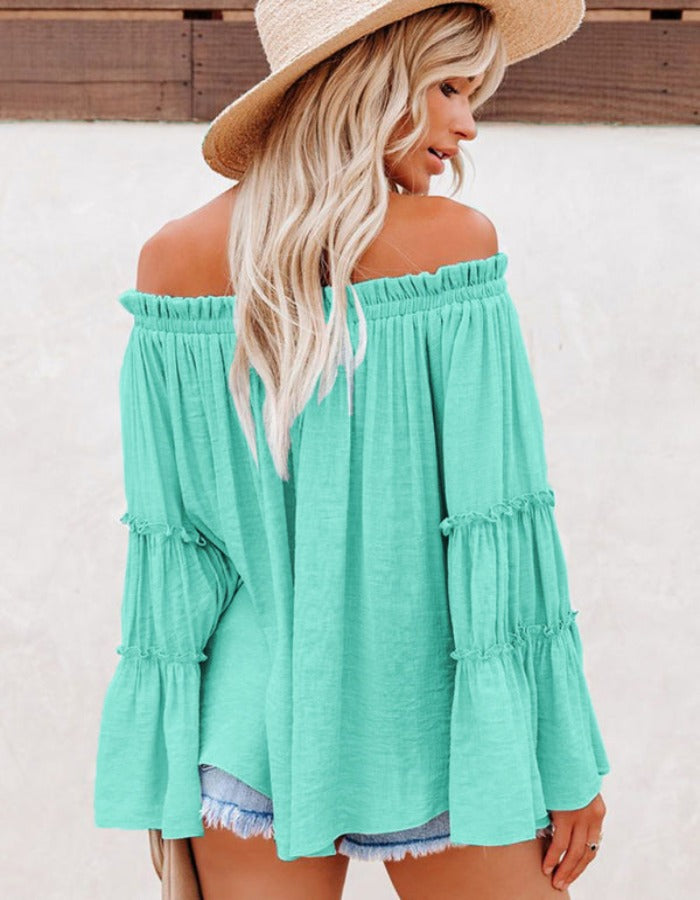 SHOPIQAT Women's Slub Cotton Women's Flared Sleeve One-Line Neck Top - Premium  from shopiqat - Just $6.900! Shop now at shopiqat