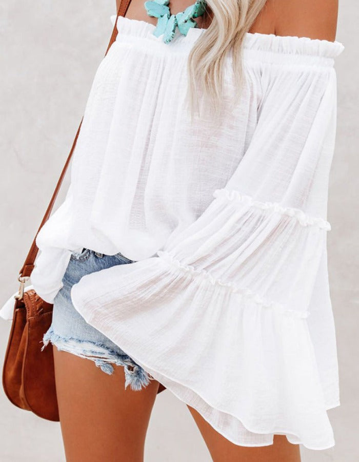 SHOPIQAT Women's Slub Cotton Women's Flared Sleeve One-Line Neck Top - Premium  from shopiqat - Just $6.900! Shop now at shopiqat